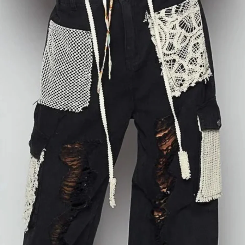 🆕 POL Crochet Patchwork Black Distressed Jogger Pants w/Lace and Knit Accents